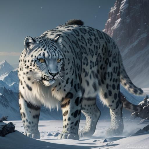 Snow Leopard in Snowy Mountains: Dark Fantasy Art