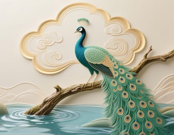 Embossed Peacock Art with Elegant Cloud Pattern