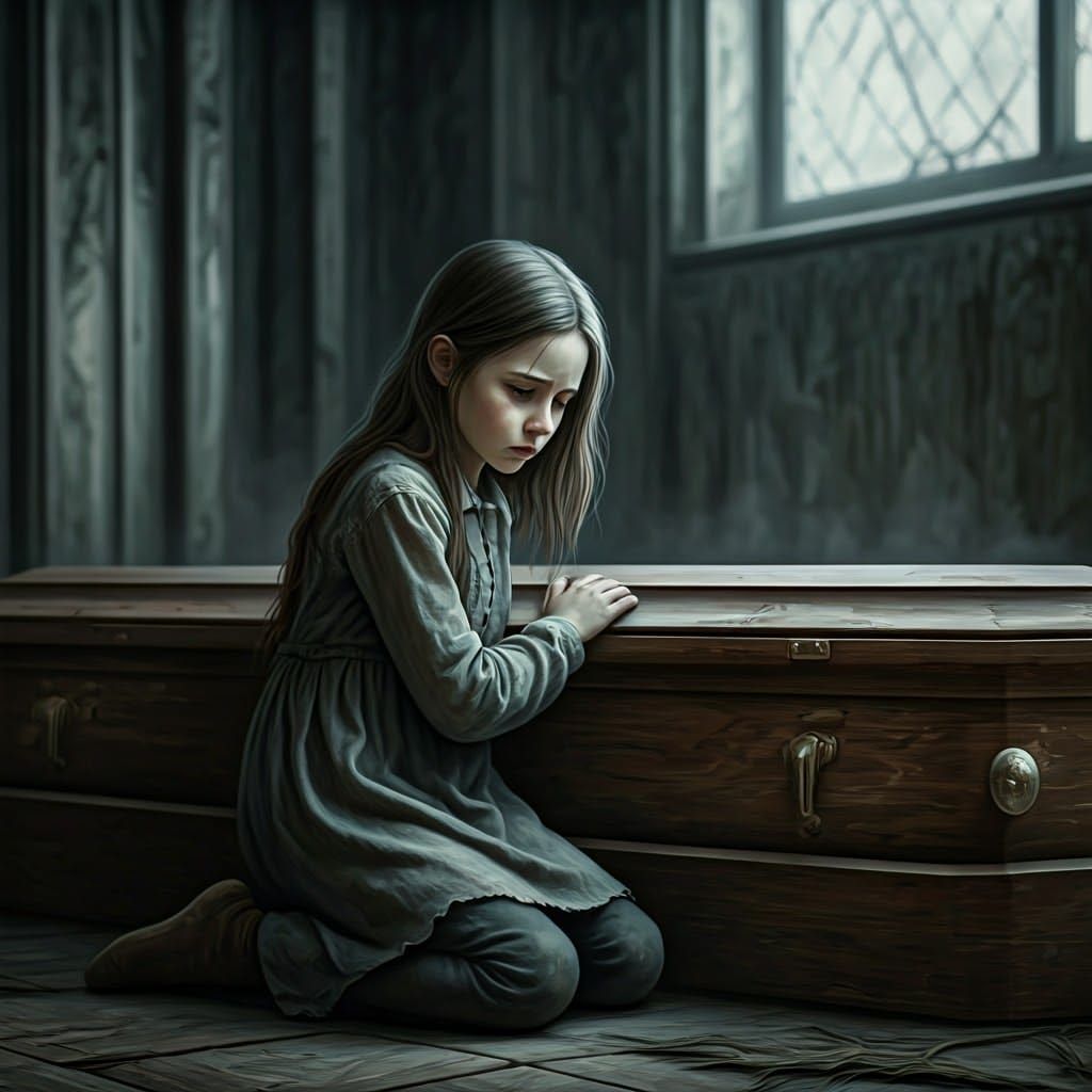 Young Orphan Girl Contemplates Rising from Coffin