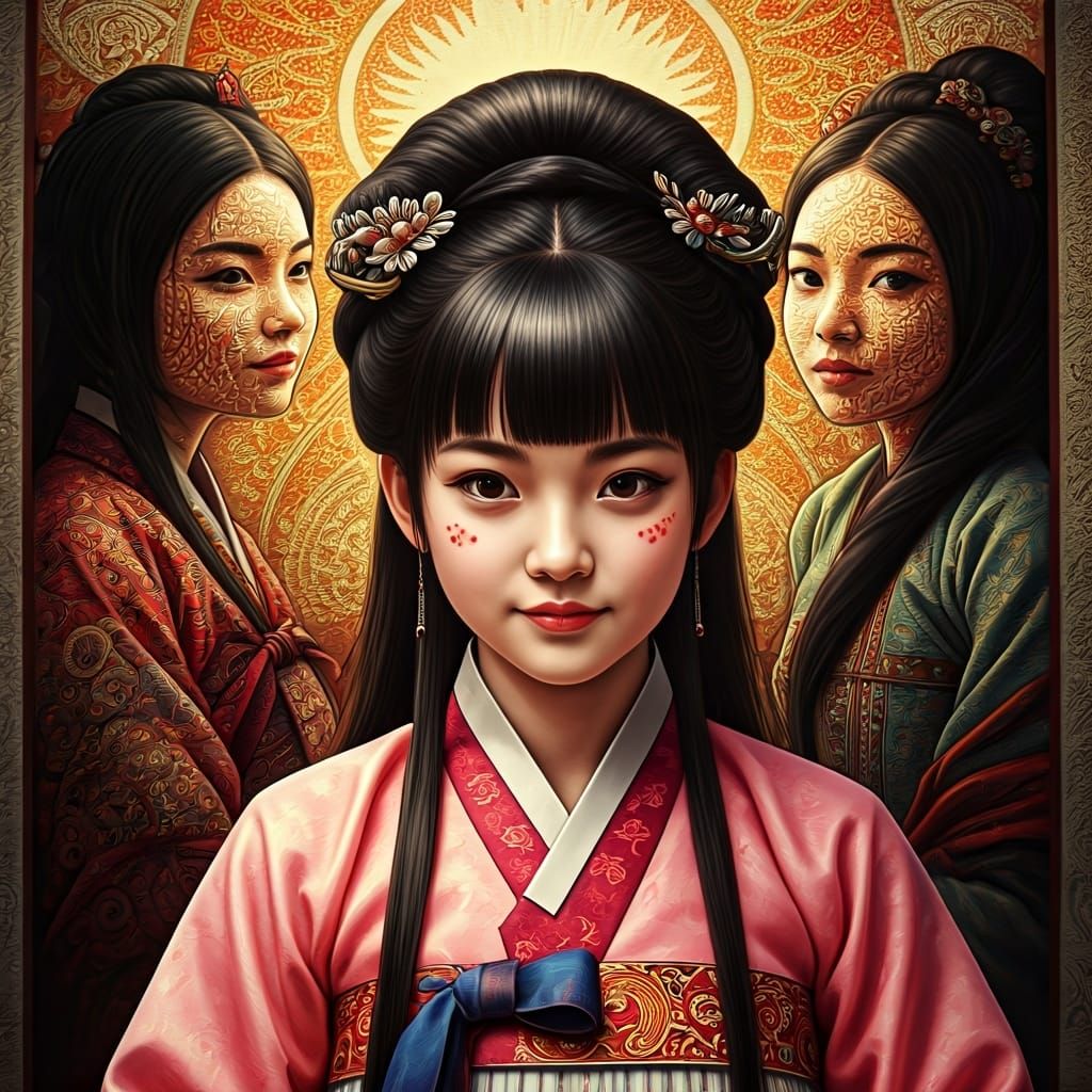 Multicultural Women and Girls Portrait with Tapestry