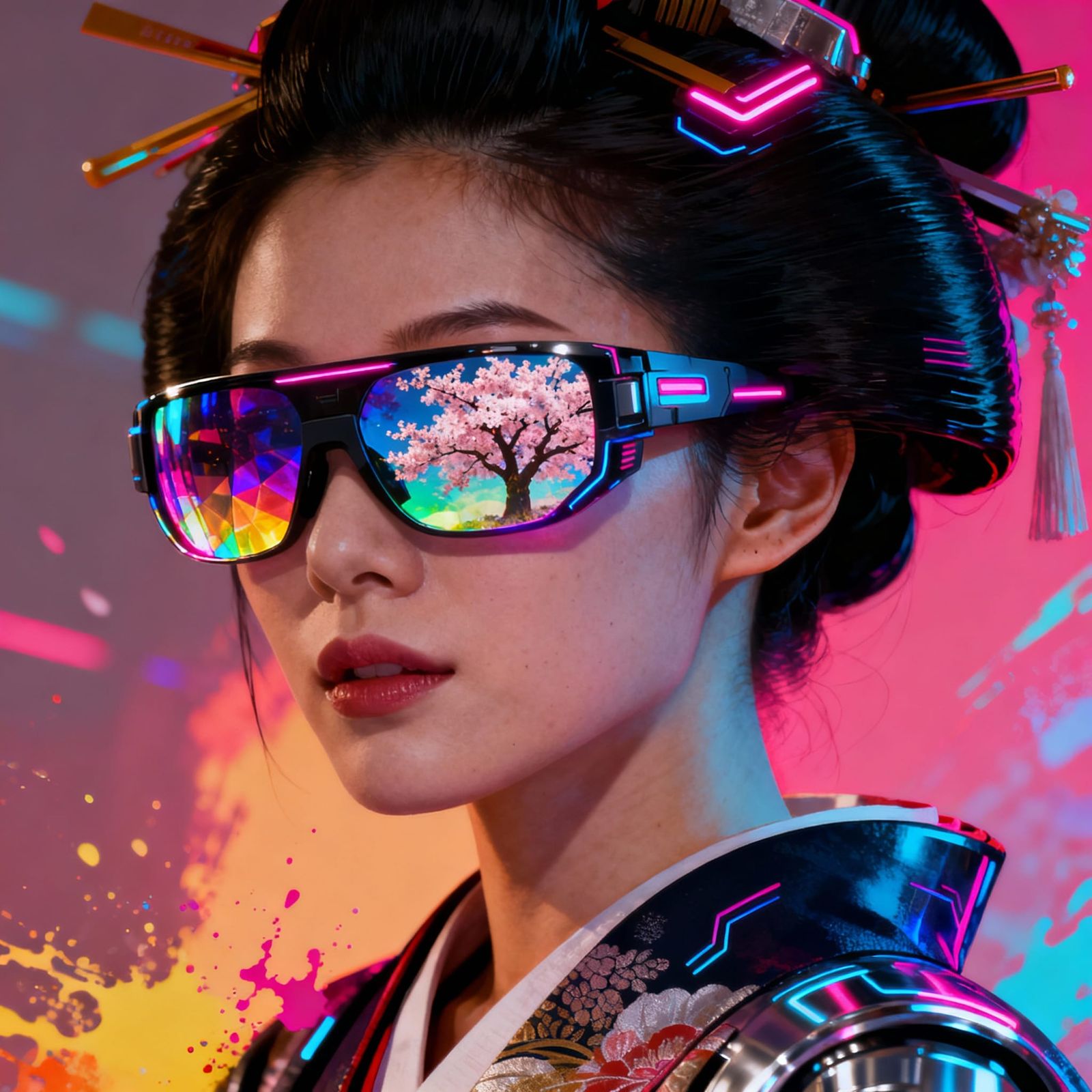 Cyberpunk Geisha With Sakura Reflection In Sunglasses