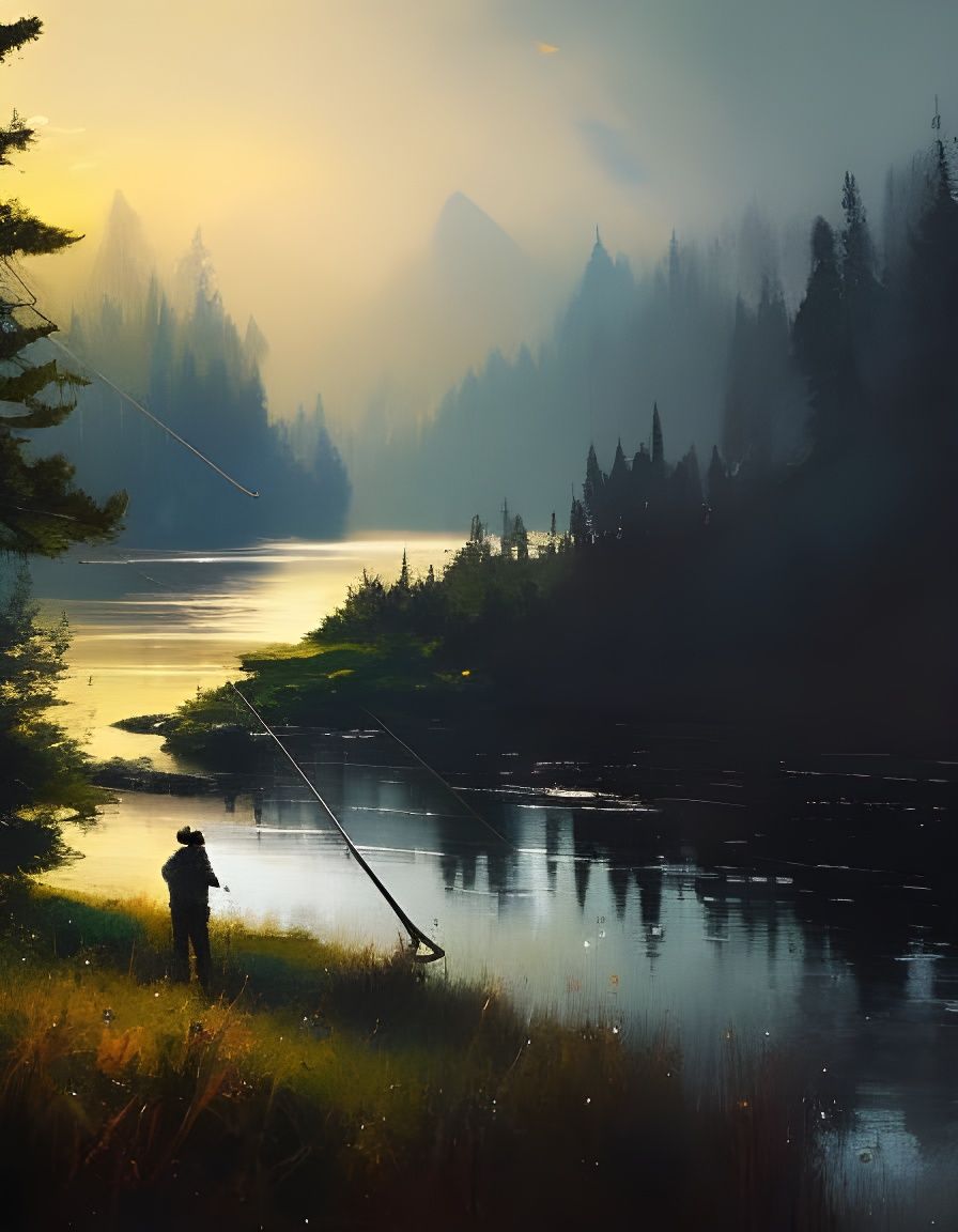 Father and Son Fishing: Expressive Brushstroke Painting