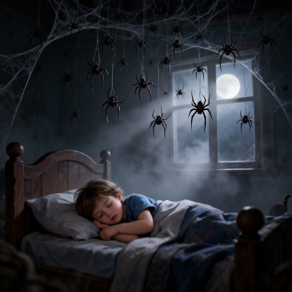Child Asleep in Bed Surrounded by Spiders in Dark Fantasy St...