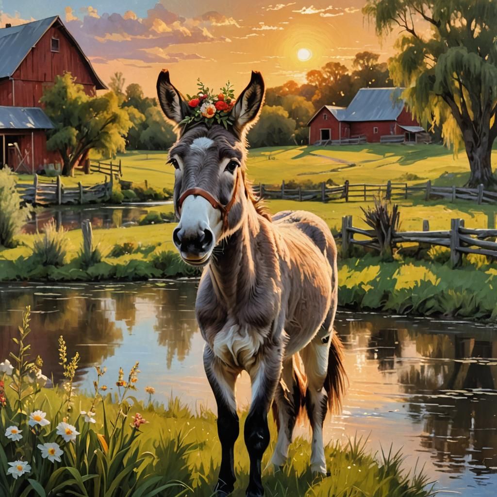 Floral Donkey at Sunset in Impasto Style