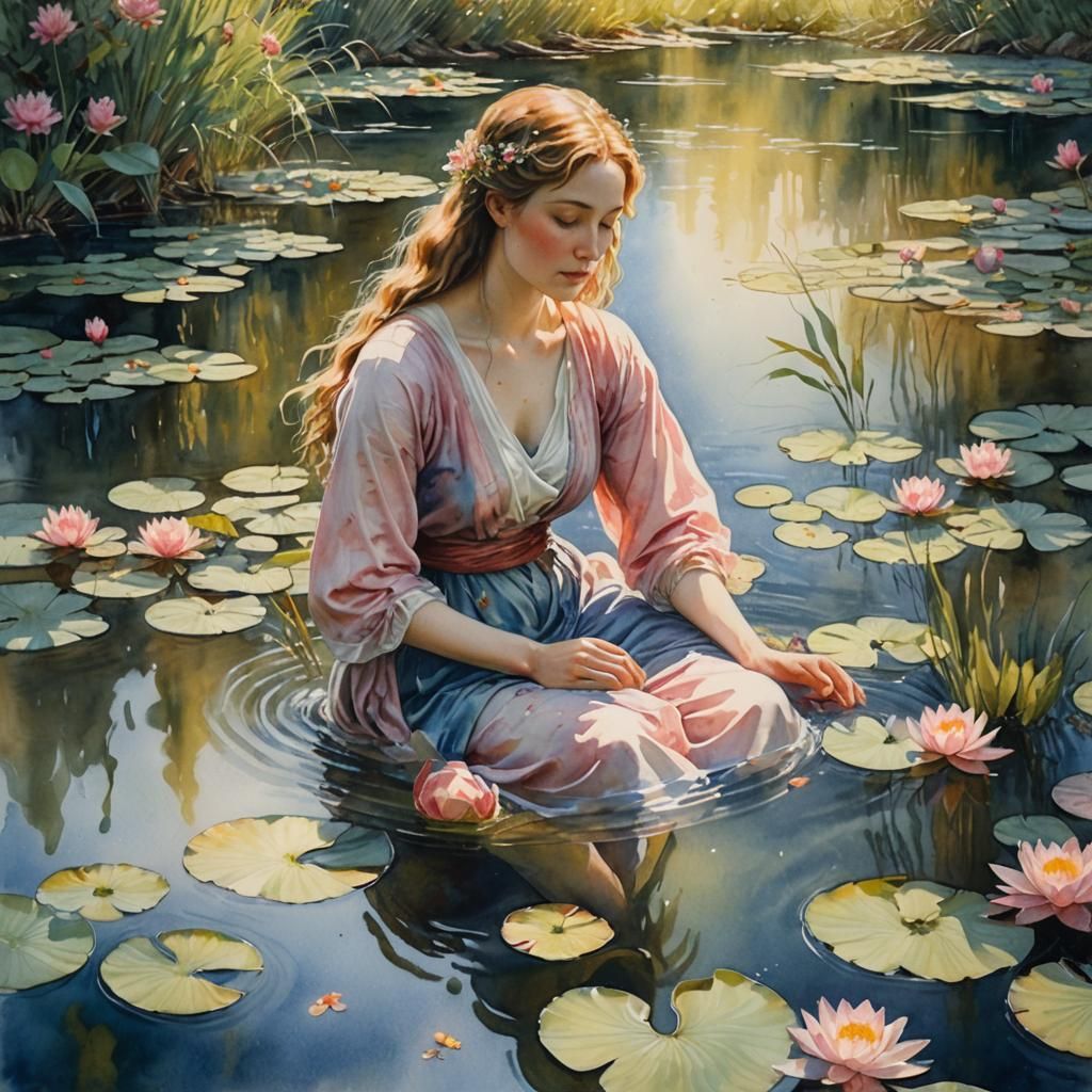 Heavenly Woman in Sunlit Stream: Watercolor Painting