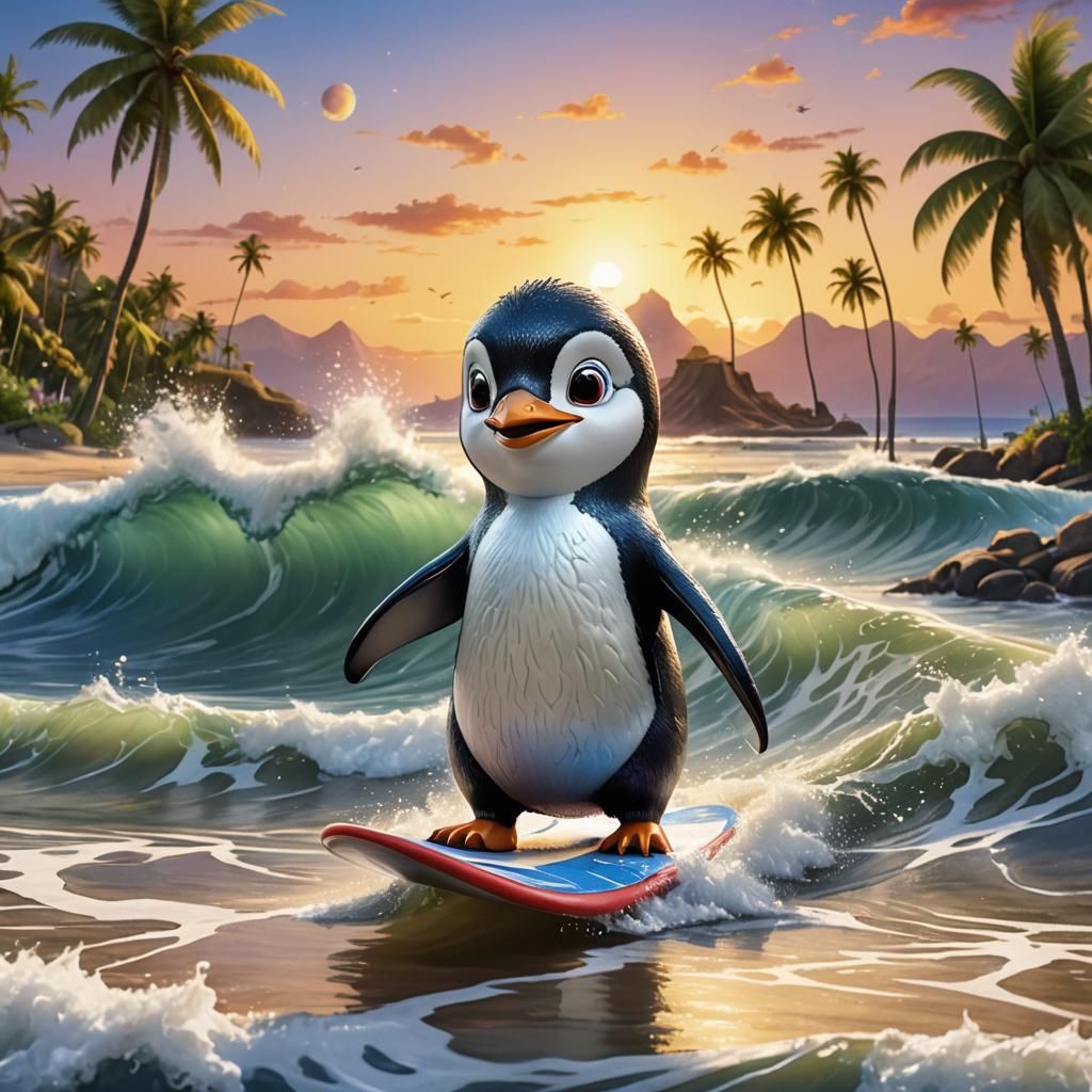 A penguin surfing