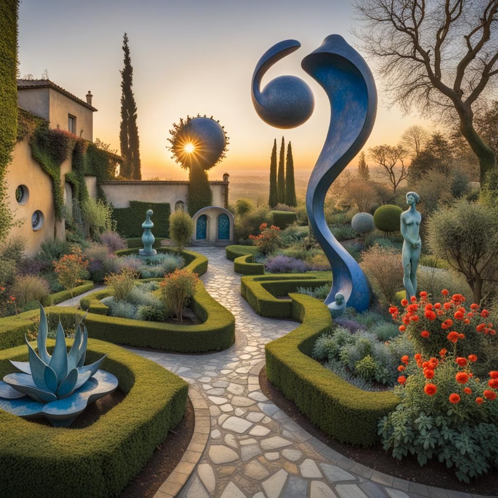 Surreal Garden Sculptures in Chagall and Dali Style