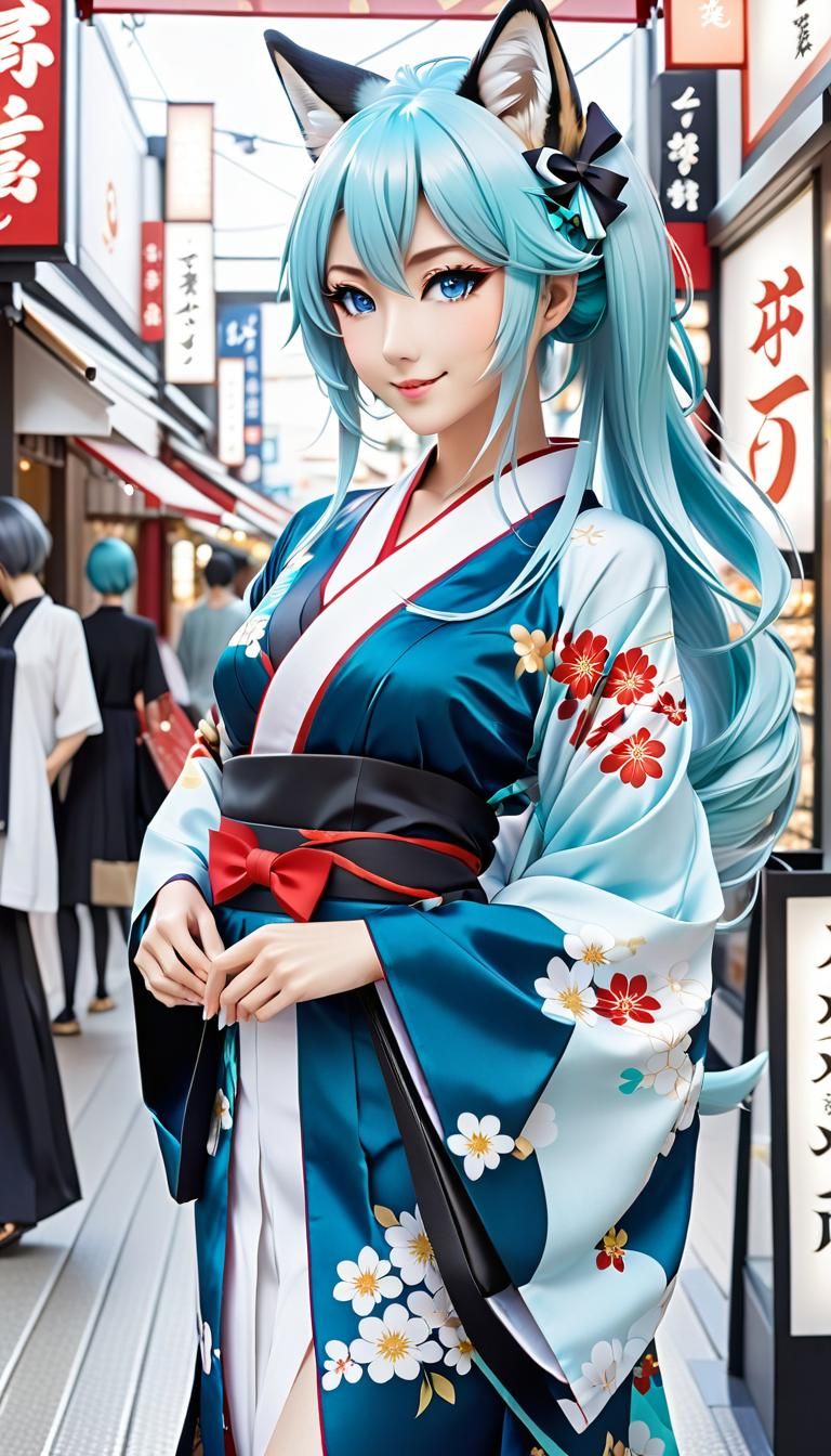 Anime Chibi Kitsune Girl Shopping in Kimono Store