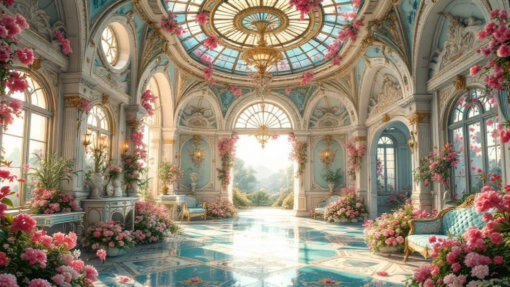 Surreal Ballroom Dreams in Vibrant Rococo Style