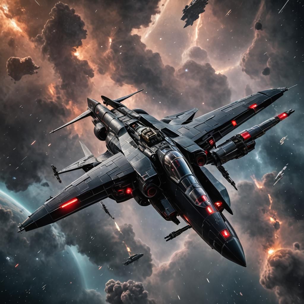 Hyperrealistic Black Widow Starfighter in Nebula