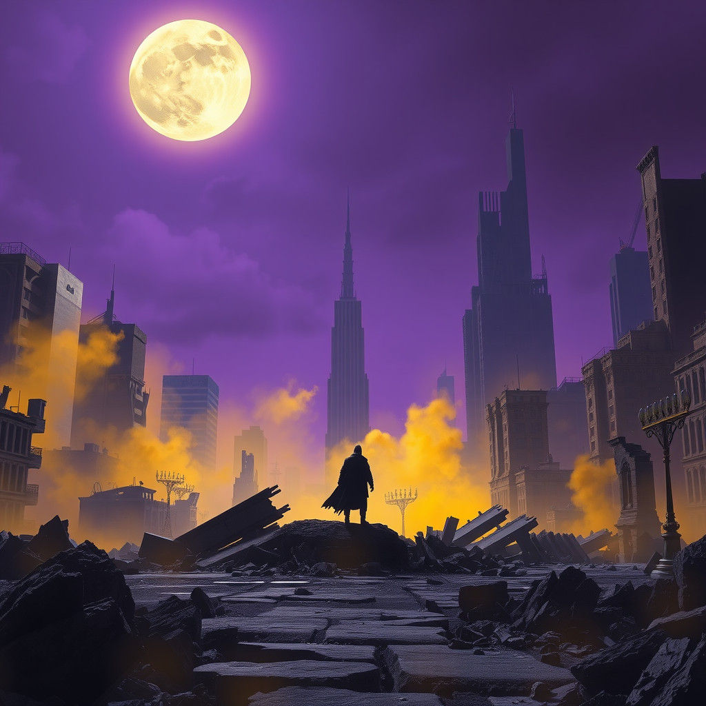 Post-Apocalyptic Metropolis Under Purple Moon, Grimmer-Inspi...