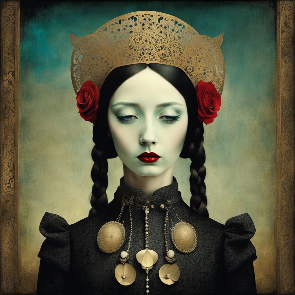 Girl in Death Mask: Surreal Mixed Media Art