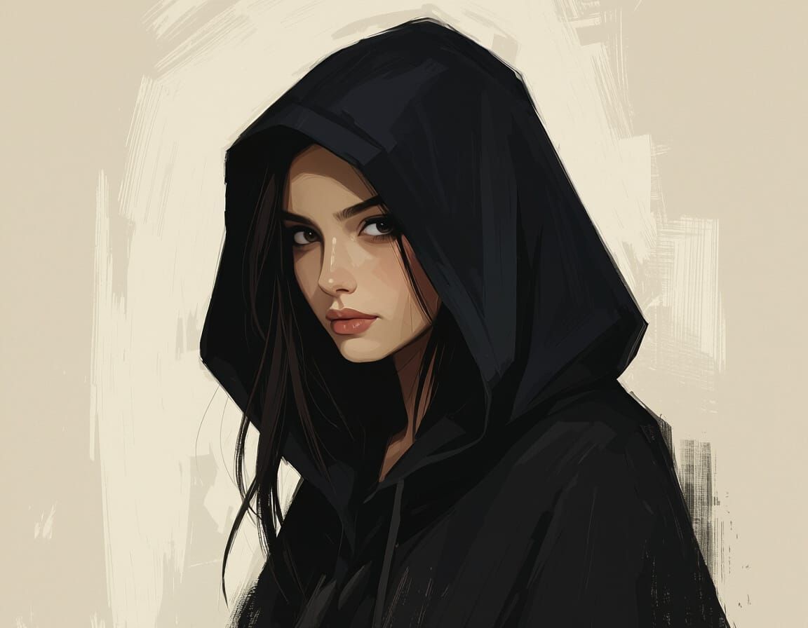Mysterious Woman in Dark Hood, Moody Painterly Style