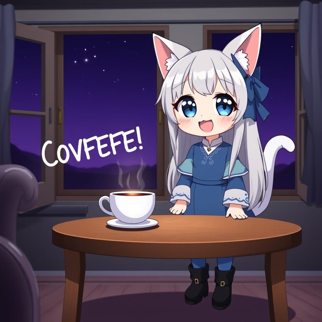 Cute Anime Catgirl Enjoys Midnight Coffee in a Cozy Setting