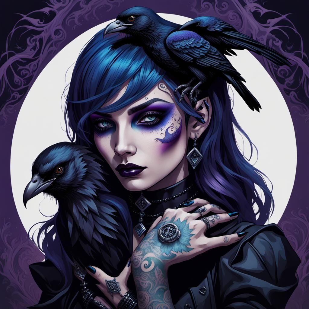 Gothic Witch Portrait with Raven in Dark Fantasy Style