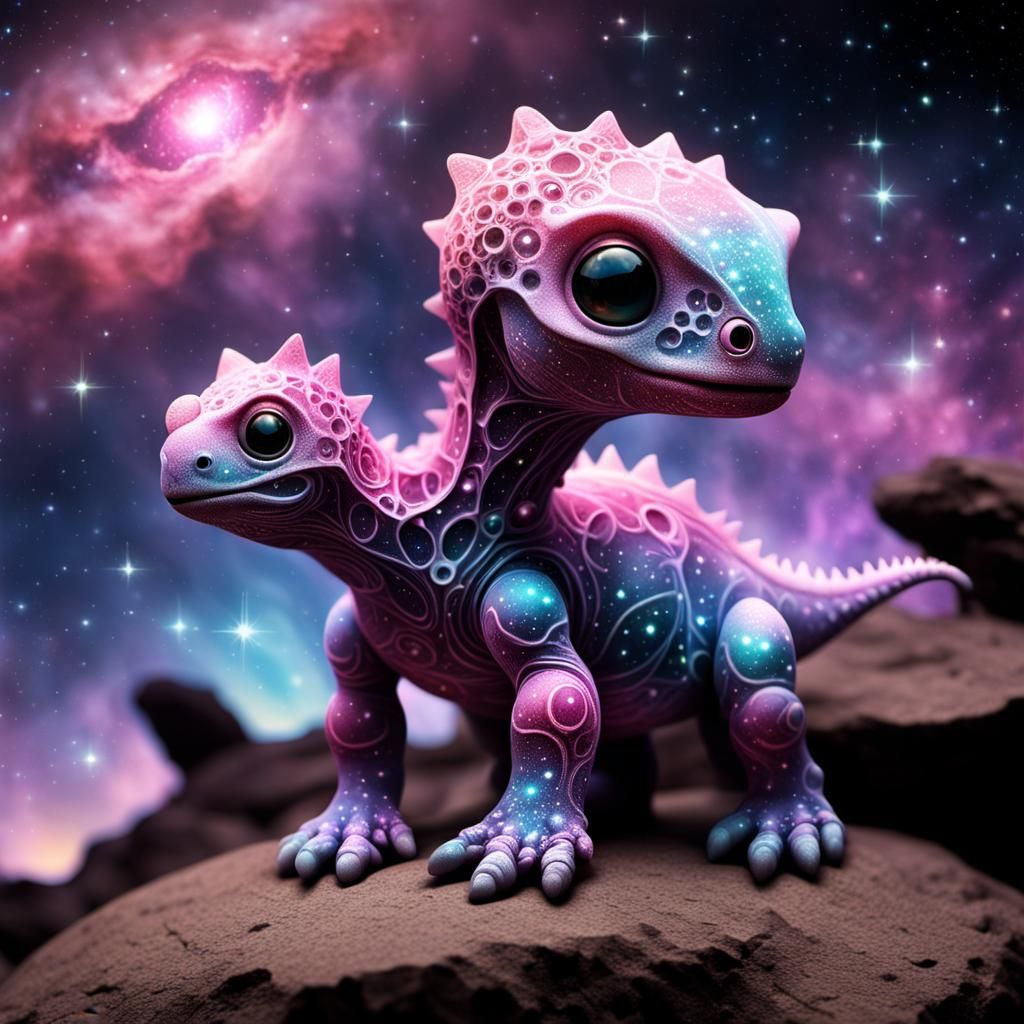 Two-Headed Cosmic Dinosaur in Surreal Hyperrealism