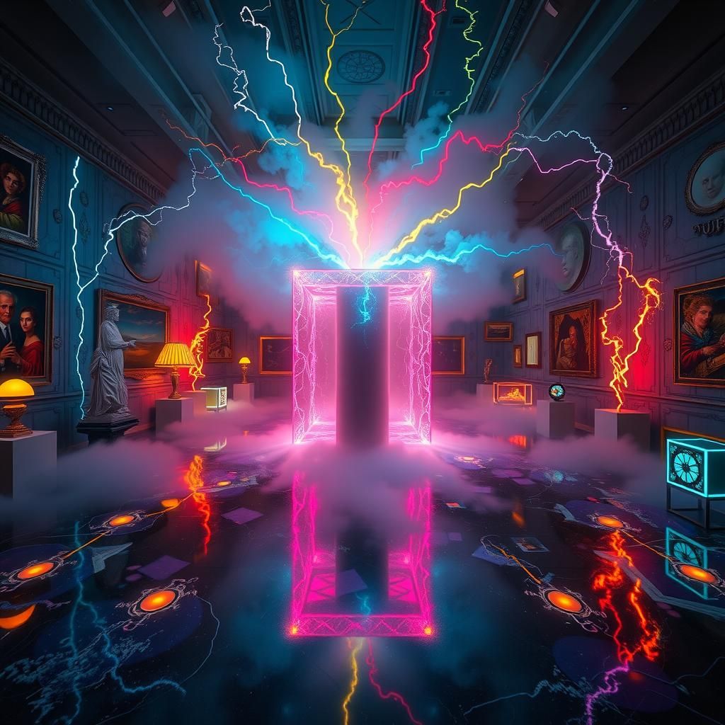 Surreal Night Museum with Glowing Galaxy Floor