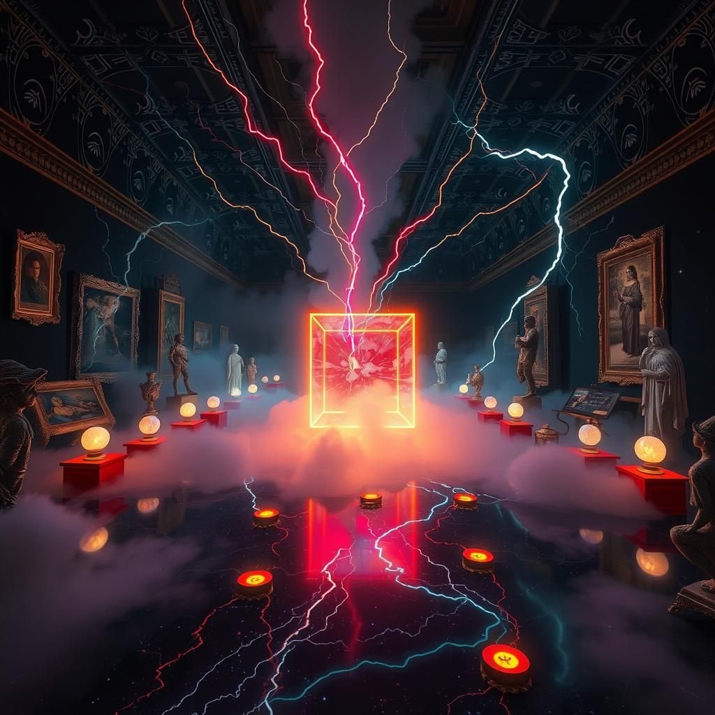 Surreal Night Museum with Glowing Ghosts and 3D Cube