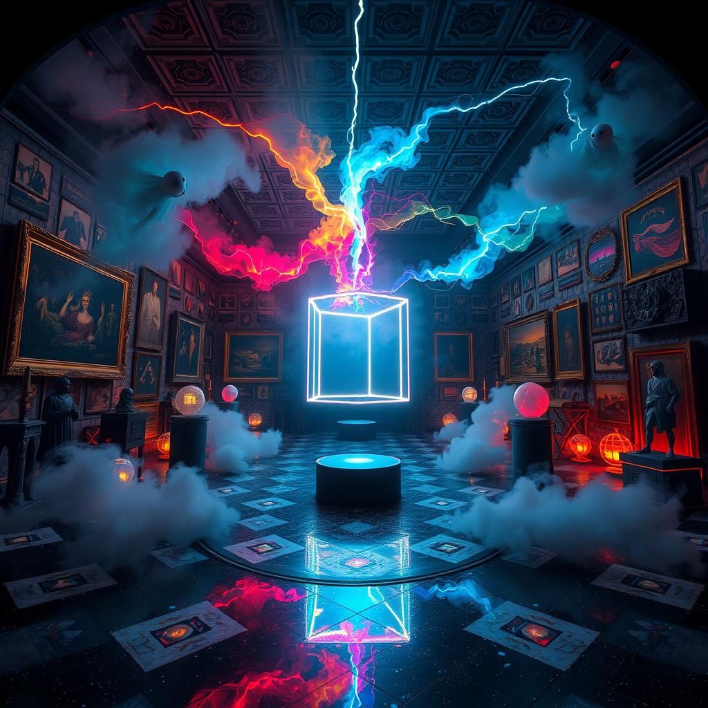 Surreal Night Museum with Glowing Objects and Spectral Figur...