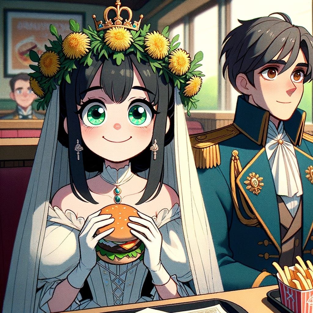Princess in Classic Animation Style Eats Burger with Young R...
