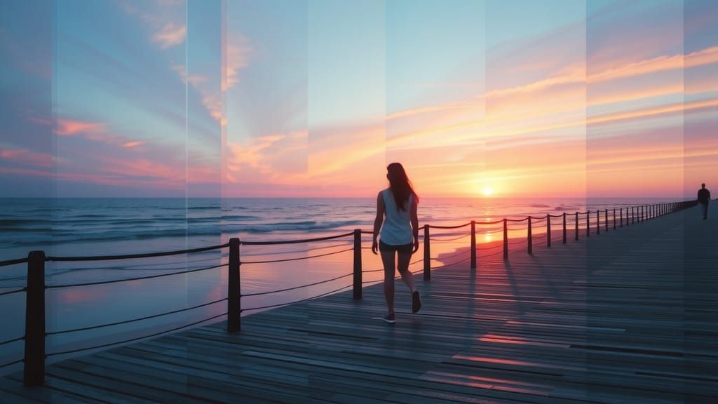 Vaporwave Woman on Sunset Beachwalk