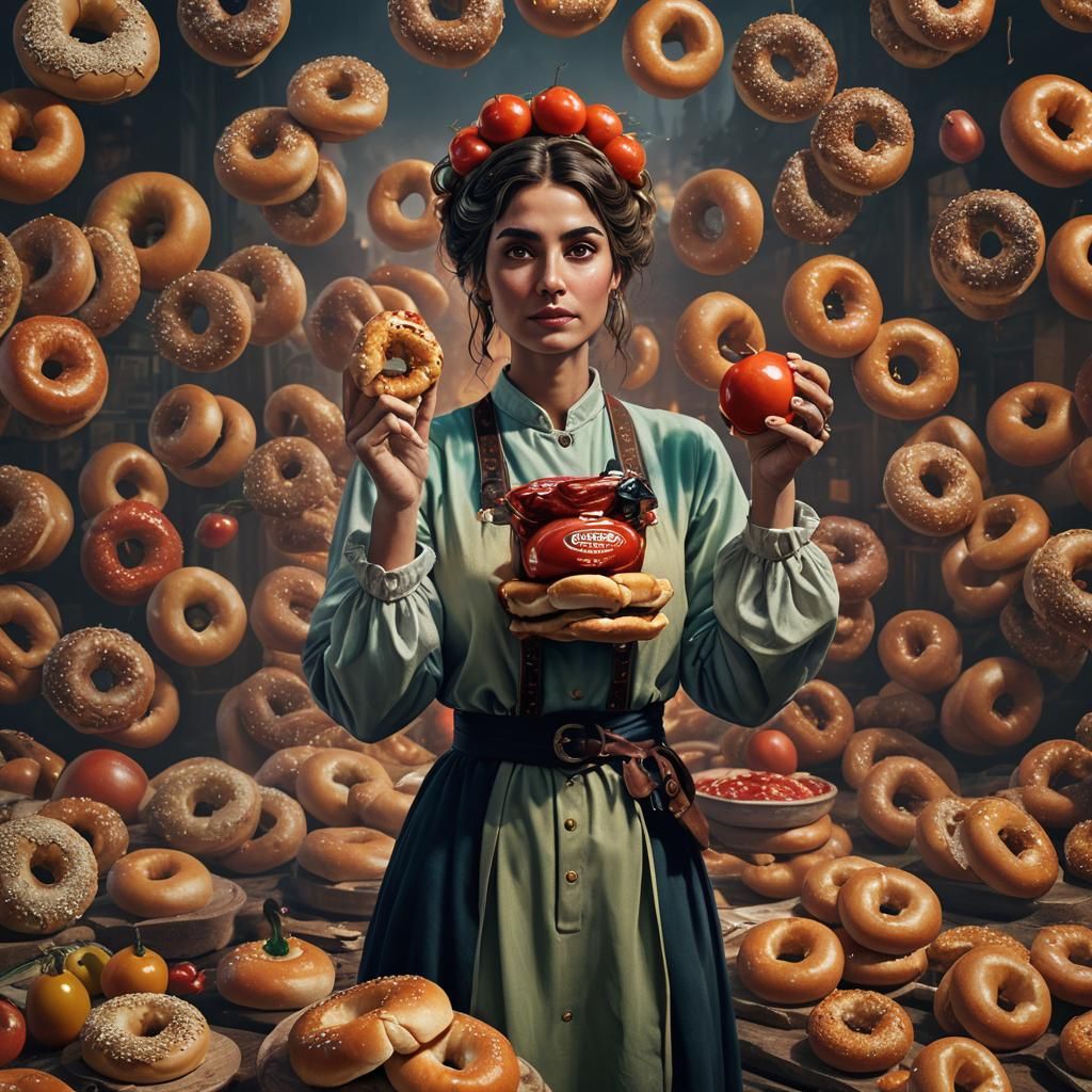 Italian Woman Holding Bagel and Hot Sauce