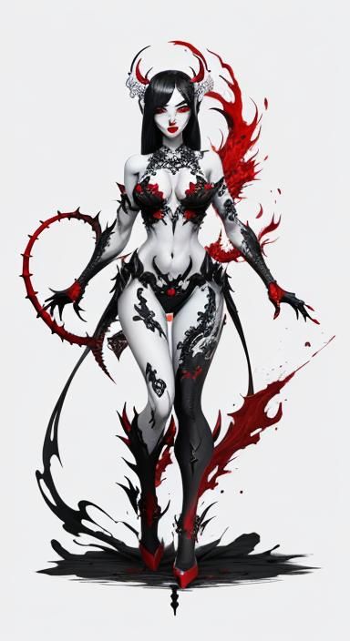 Detailed Ink Drawing of a Demon Girl in 8K