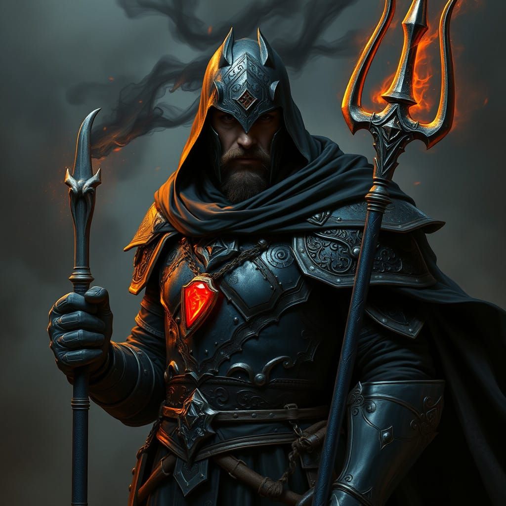 Dark Fantasy Warrior in Smoky Armor, Holding a Majestic Trid...