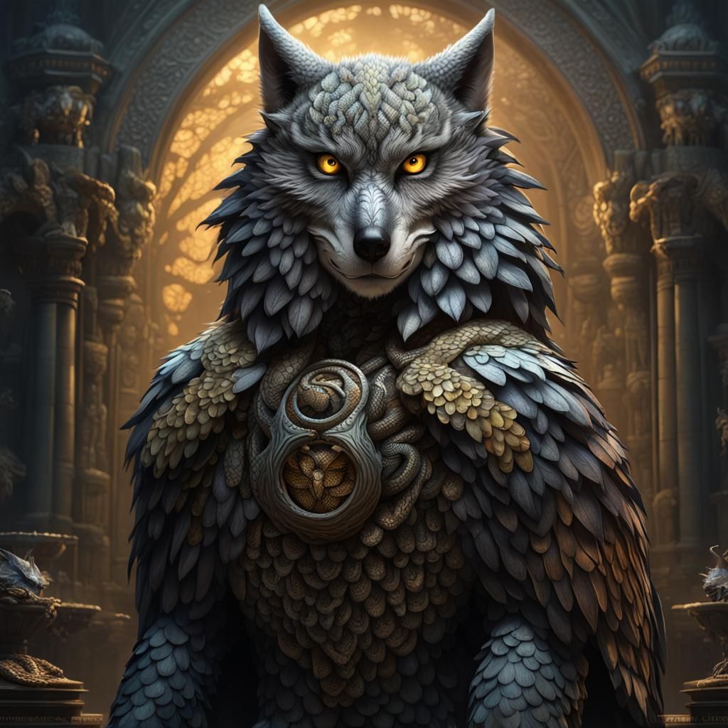 Wolf Hybrid With Scales and Feathers, Dark Fantasy Art