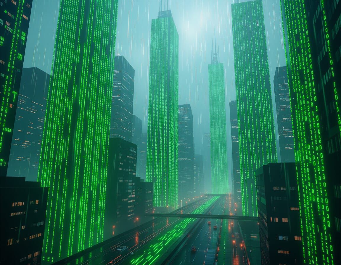 Digital Cityscape of Cascading Green Code Inspired by The Ma...