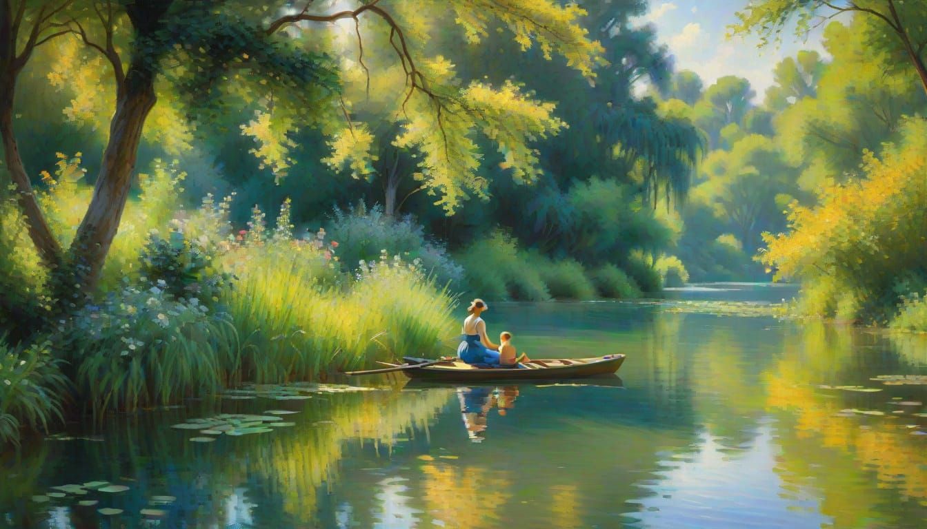 Peaceful Lakeside Intimacy in Impressionist Style