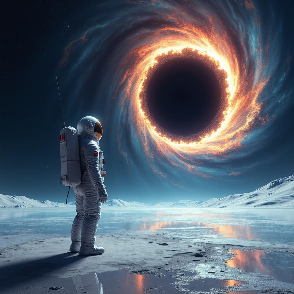Astronaut Gazing at Black Hole on Alien Planet