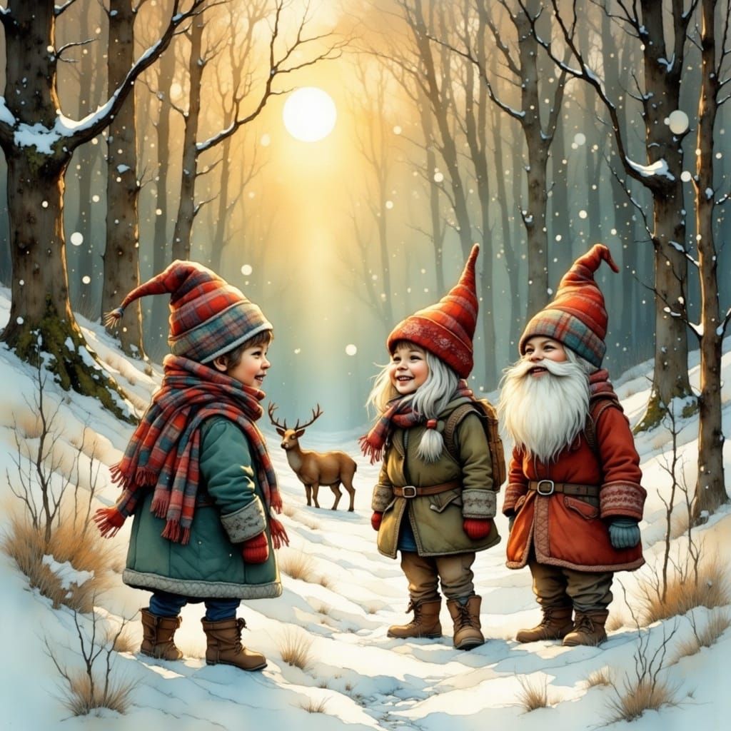 Gnomes Snowball Fight in Snowy Forest, Fantasy Scene