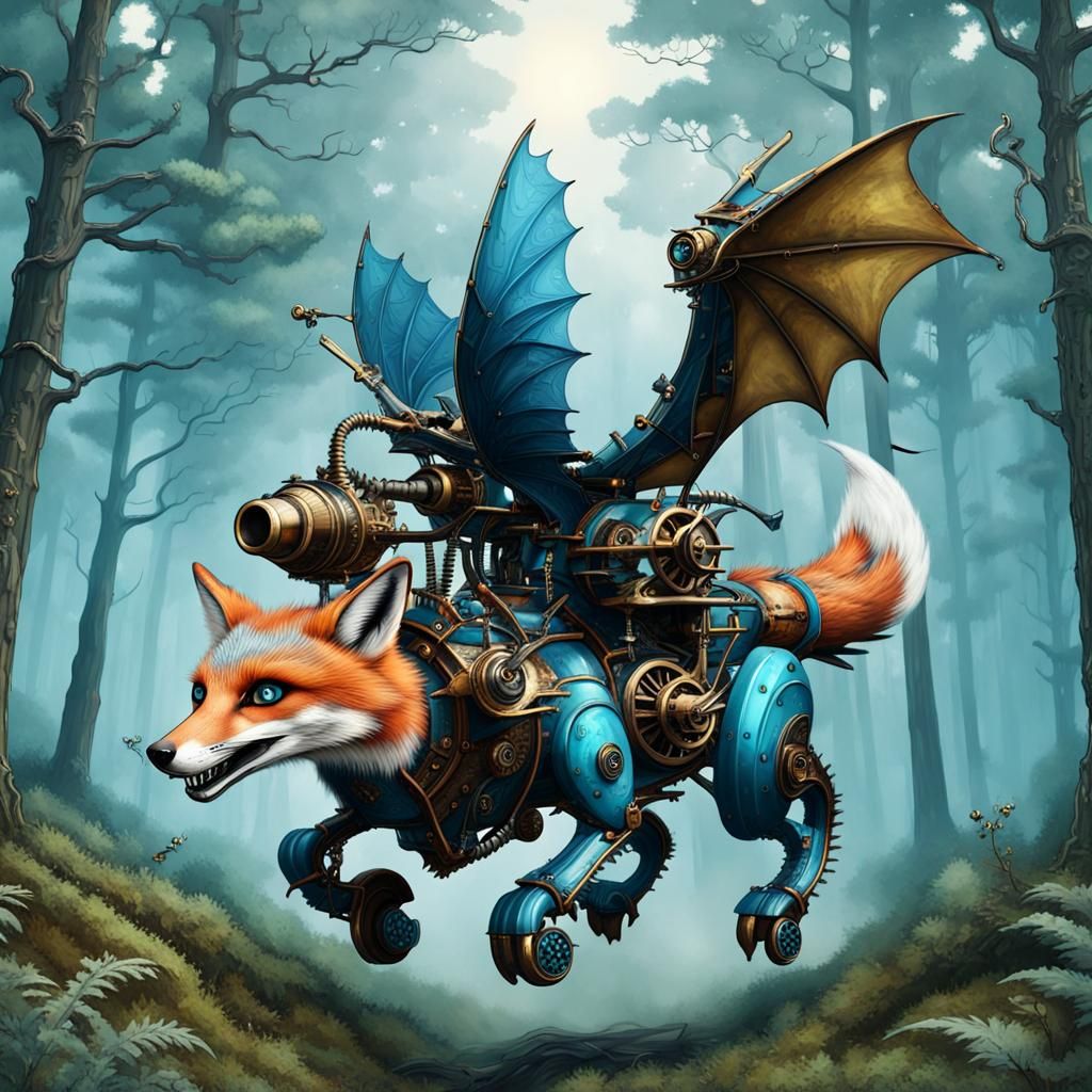 Blue Fox Dragon Flies Through Forest, Steampunk Engine