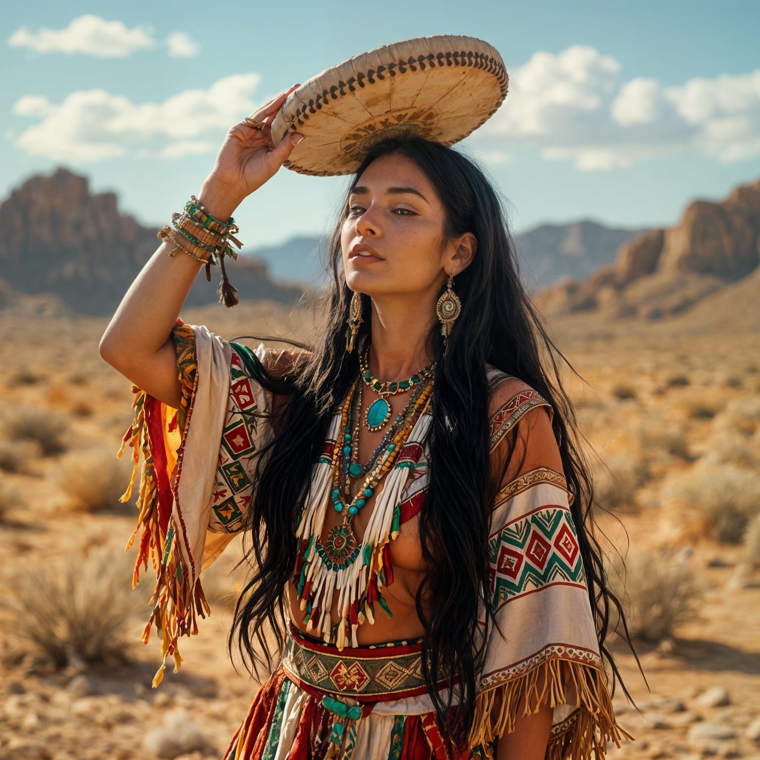 Shamanic Woman Invoking Elements in Desert Landscape