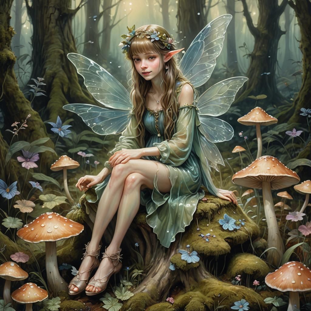 Fairy on Toadstool in Whimsical Forest
