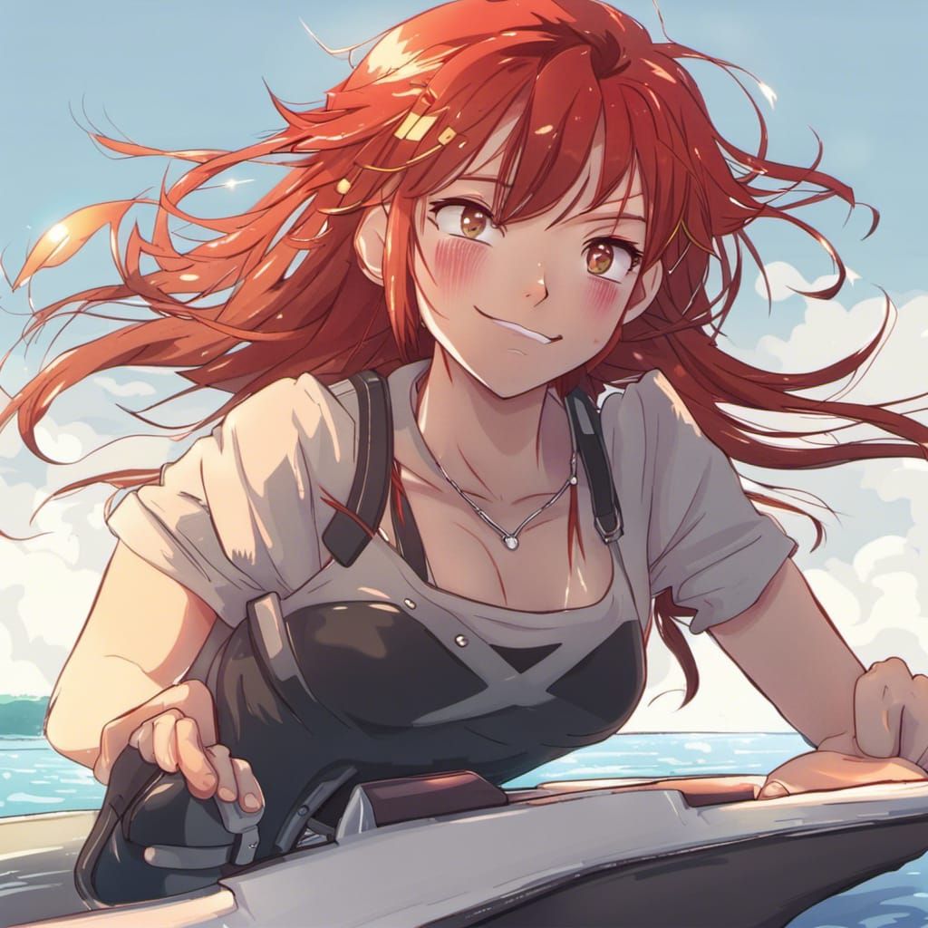 Red-Haired Girl on Speedboat in Anime Style