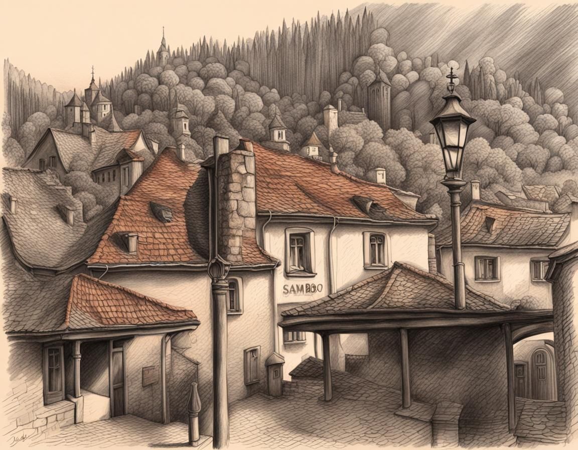 Detailed Charcoal Drawing of Ancient Samobor, Croatia