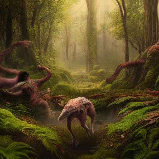 Dog Running in Dark Fantasy Forest