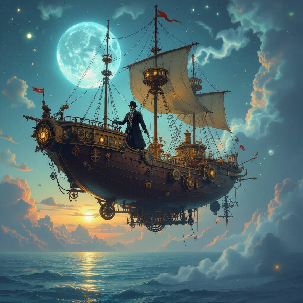 Skeleton Captain Steampunk Airship in Bioluminescent Sky