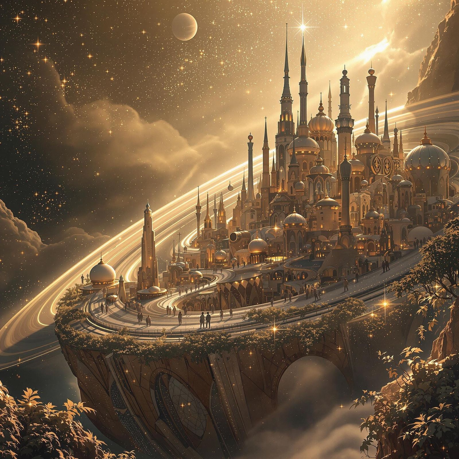 Celestial City on Saturn Rings in Romantic Fantasy Style