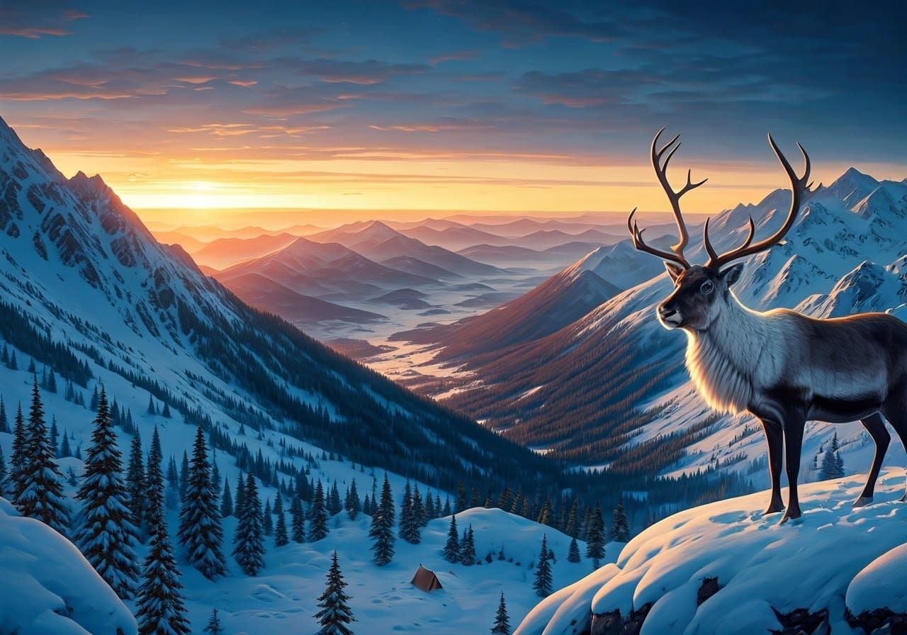 Majestic Reindeer Dominates Snowy Mountain Landscape