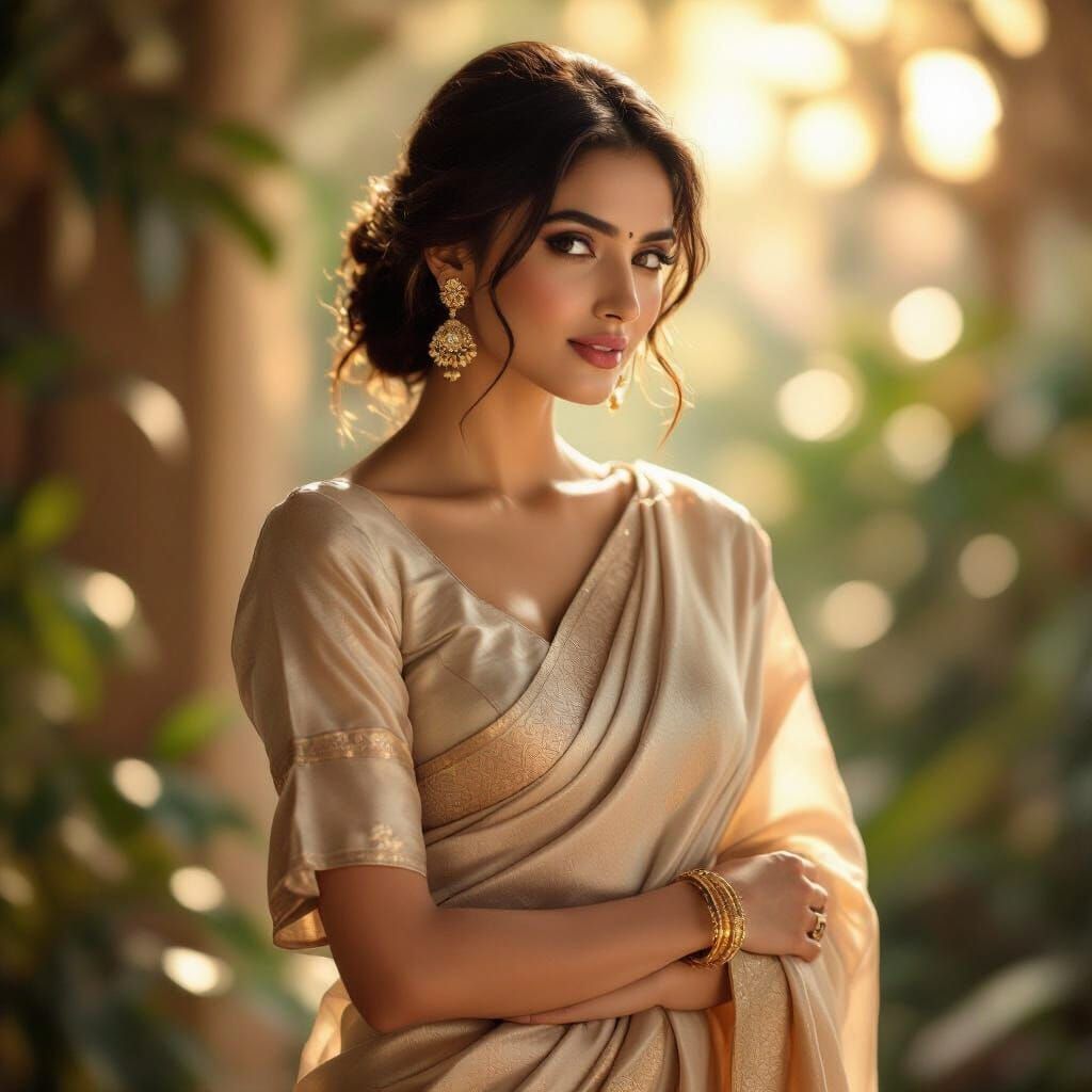 Elegant Woman in Half-Draped Saree, Photorealistic Style