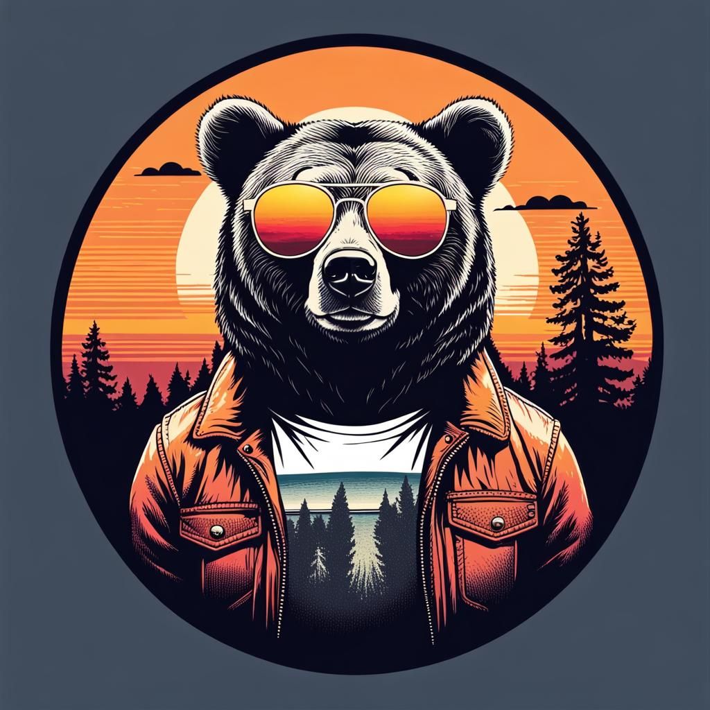 Retro Sunset Bear Illustration for T-Shirt Design