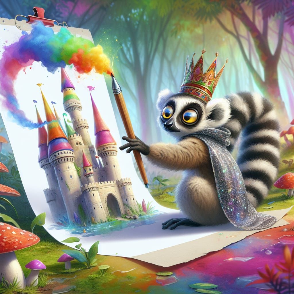 Indri Lemur Draws Real Castles in Watercolor Jungle
