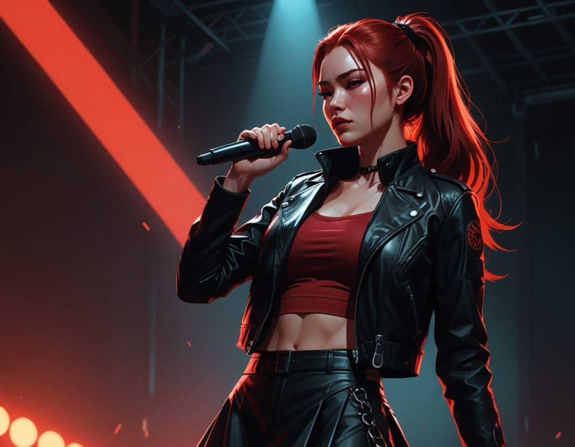 Young Woman Singing On Stage in Dramatic Lighting