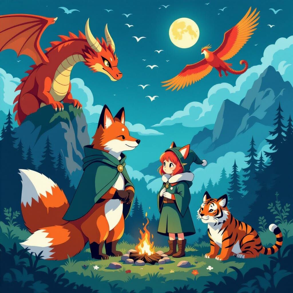 Mystical Fantasy World with Foxes and Elves