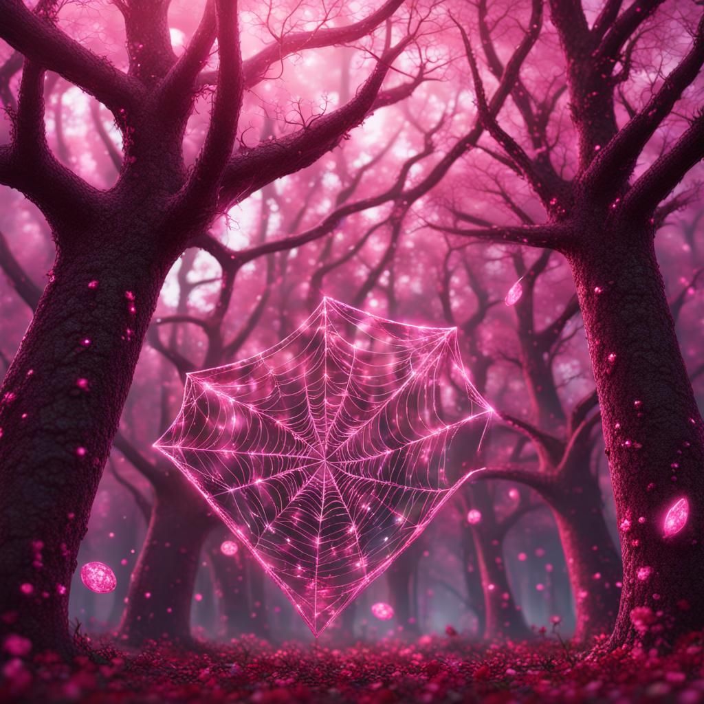 Pink Glitter Spiderwebs in Trees: Fantasy Concept Art