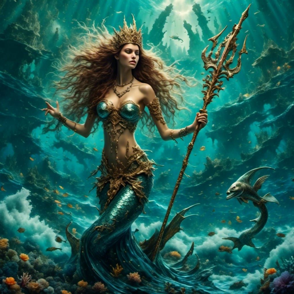 Mermaid Warrior with Trident in Dark Fantasy Style