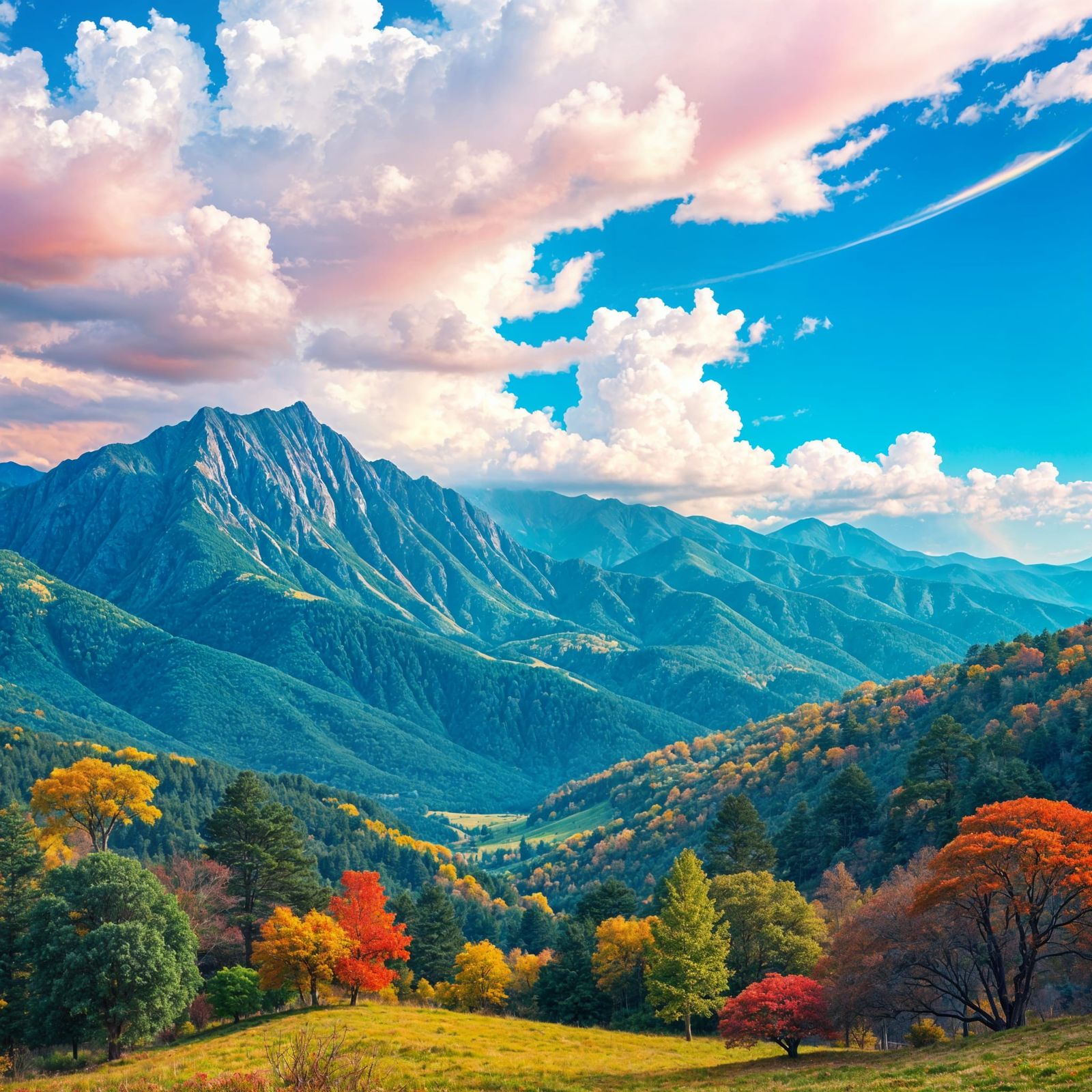 Vibrant Mountains and Rainbow Landscape in Whimsical Style